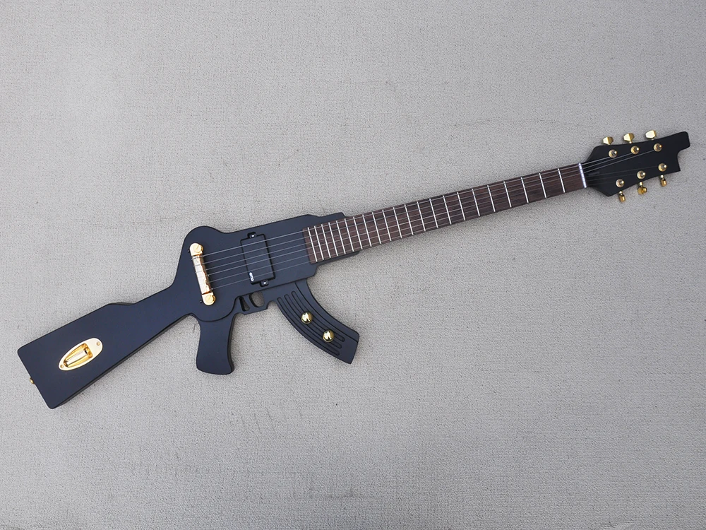 Matte Black Gun Shaped Electric Guitar with Rosewood Fretboard,22 Frets,Gold Hardware,Customizable