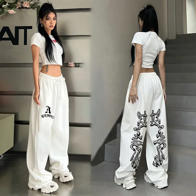 Sommerlicher Verkaufsschlager: Gothic-Buchstaben-Print Weite Gerade Hose, Unisex Elastischer Kordelzug Hip-Hop Übergroße Lange Sweathose – Detail 9