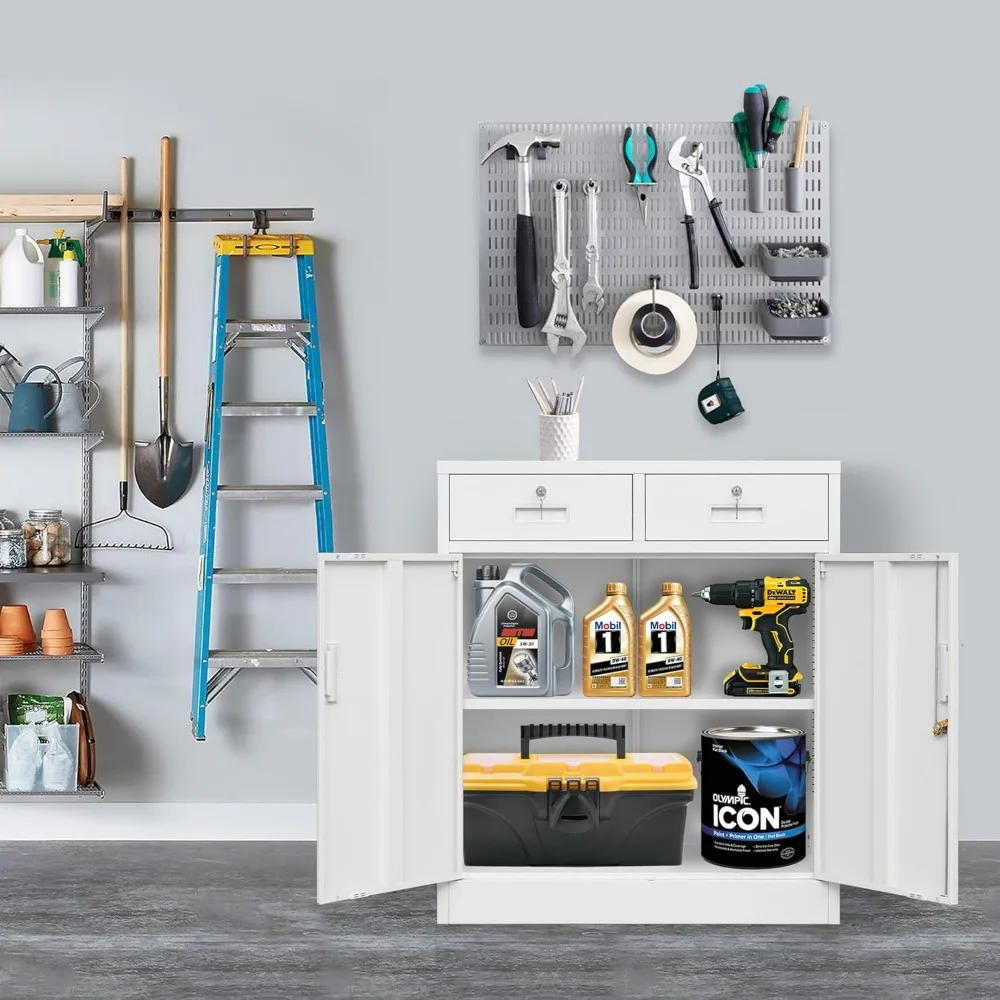 خزانة تخزين معدنية، خزانة تخزين بقفل مع رف قابل للتعديل، خزائن معدنية 36 بوصة ارتفاع مع درجين للمكتب والمرآب، #5