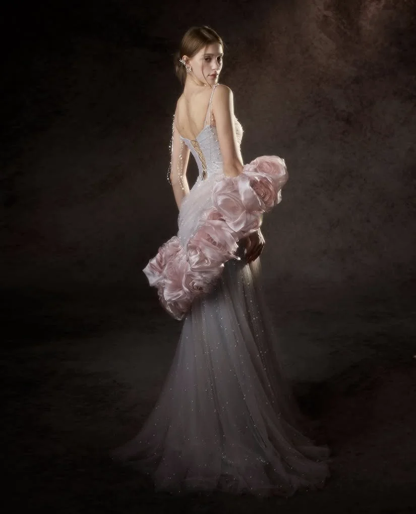 

Pink Rose Ruffled Shawl Tops Layered Off Shoulder Floral Blouse Tierred Chic Wedding Tops Women Organza Photography