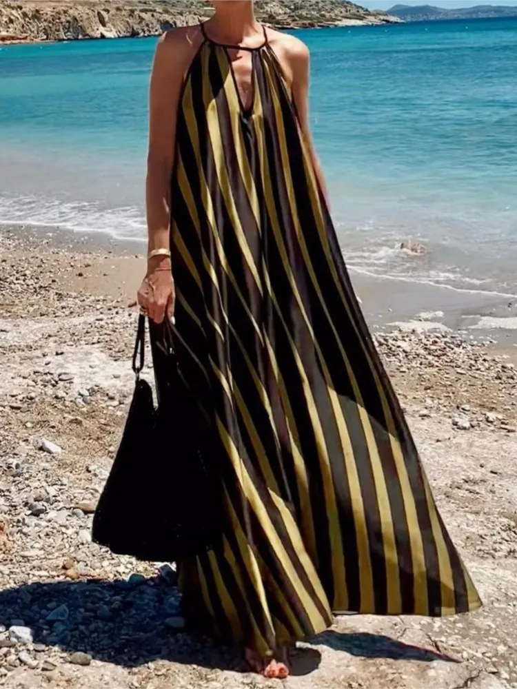 

Fashion Striped Loose Dress For Women Casual Sleeveless Halter V Neck Dresses Lady Holiday Beach Skirt Robe Femme Summer Clothes