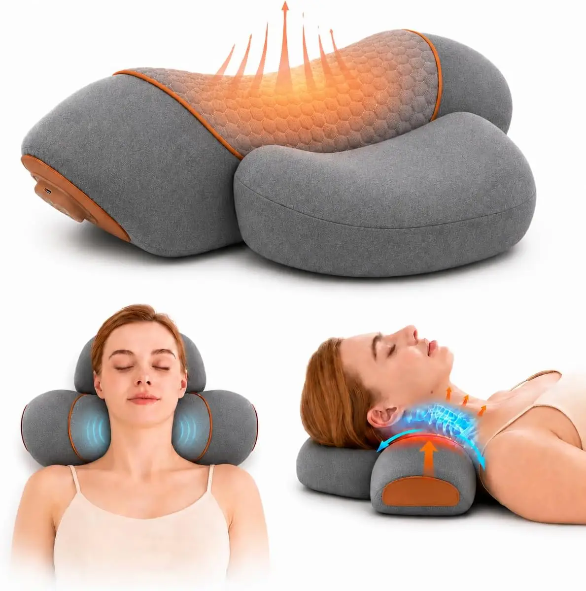 Neck Relaxer Premium Fabric Ergonomic Standard Size, Deep tissue, Rechargeable, Heated, Pain relief, Massage for All Season Use, Neutral Grey