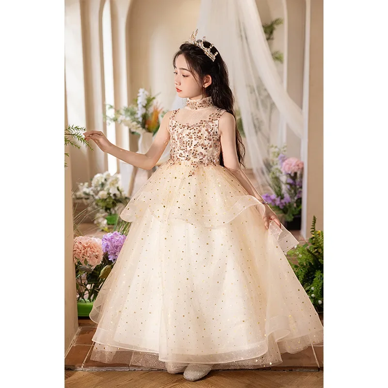 Baby Girl Sleeveless Stand Collar Princess Dress Children Luxury High-End Birthday Party Flower Girl Wedding Frock For Kid Girls