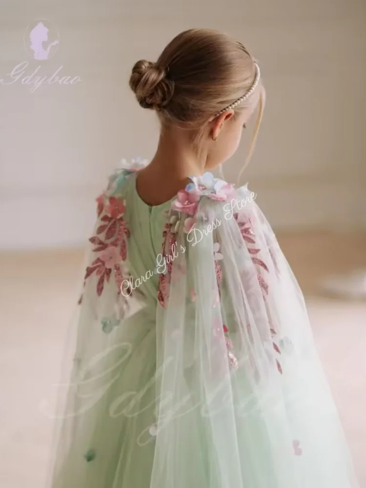 Light Blue Appliqué Flower Girl Dress with Puffy Tulle Skirt Luxurious Princess Style Children's Party and First Communion Ball