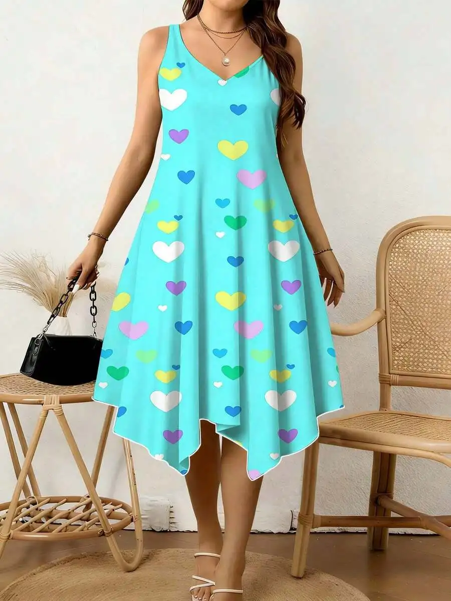 

Colorful Hearts Print Women V Neck Sleeveless Dress Irregular Hem Casual Summer Vacation Wear