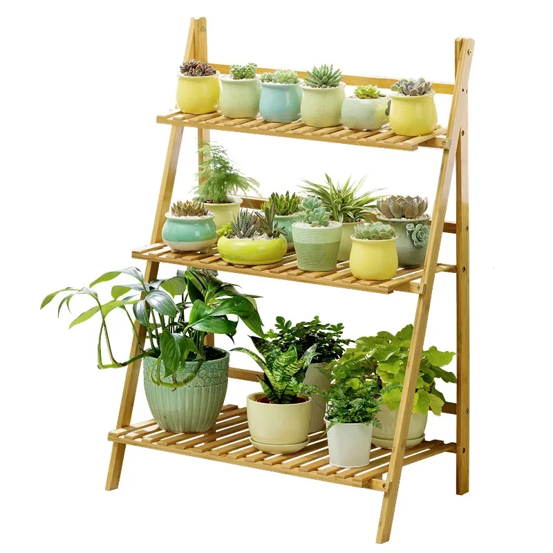 Bamboo Wood Ladder Plant Stand 3-tier Foldable Organizer Flower Display Shelf Rack For Home Patio Lawn Garden