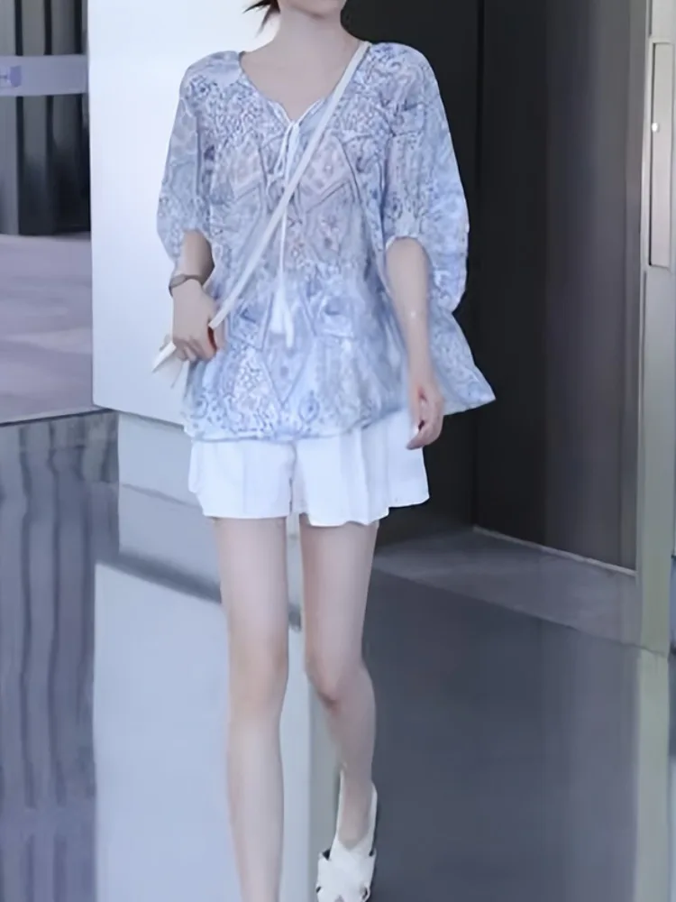 Imprimé fleuri ample mince Svel femmes irt été Faionable Vaion Sle fibre de Polyester longue Sve longueur régulière