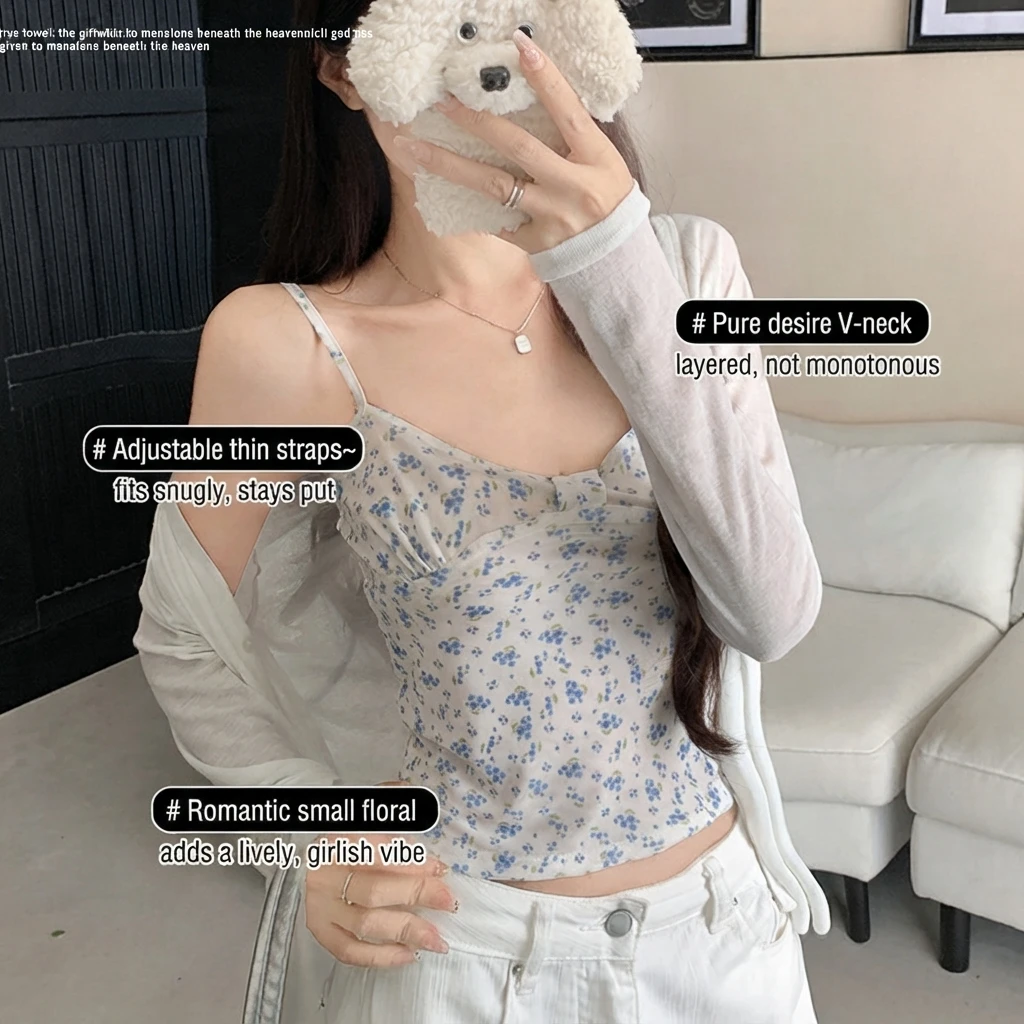 Women Sling Vest Floral Print Polyester Slim Fit Short Sleeveless Camisole Summer Sweet Inner Outer Bottoming Top for Women