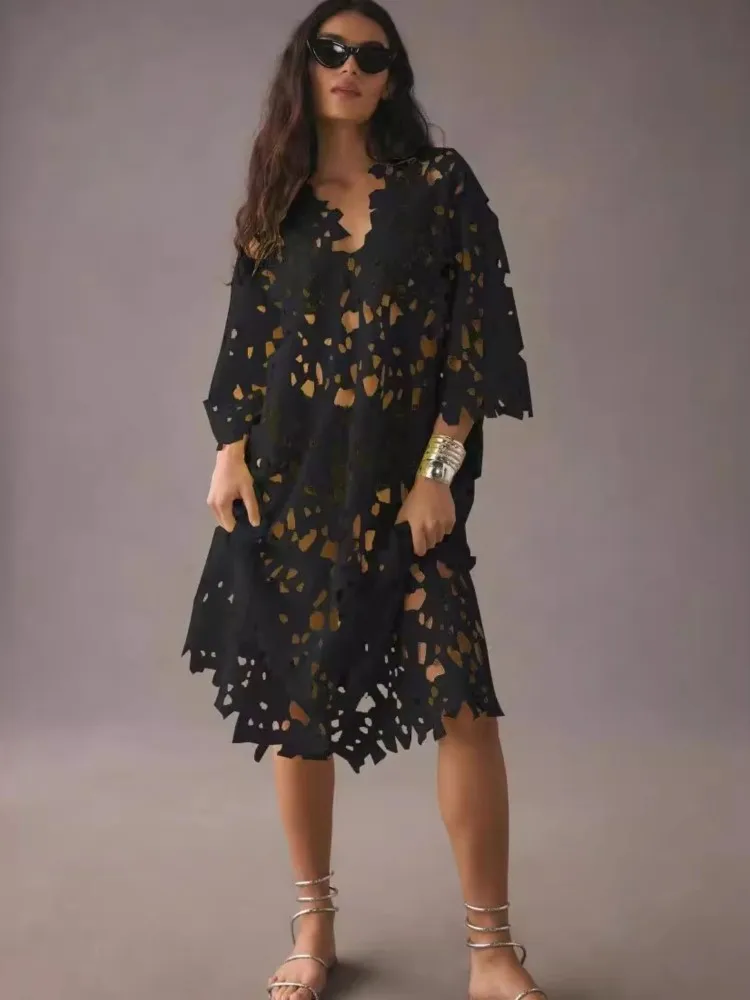 Sexy Kant Hol V-hals Jurk Voor Vrouwen Elegante Effen Lange Jurken Dames Zomer Casual Strand Vakantie Losse Vestidos