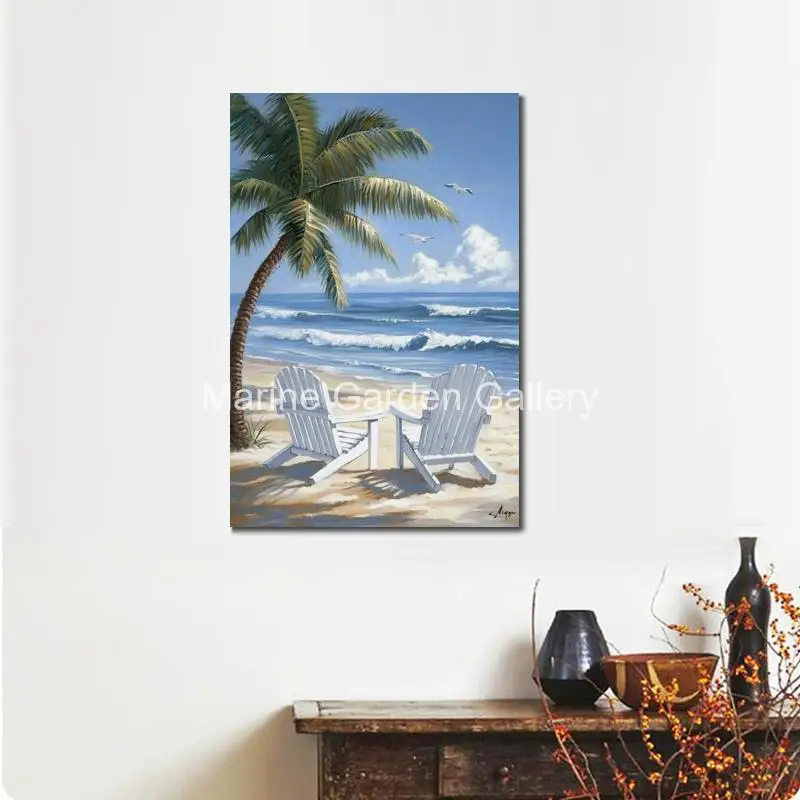 High Quality Contemporary Canvas Art Seascape Handmade Oil Painting Tropical Shade Realistic Artwork Wall Decor for Living Room