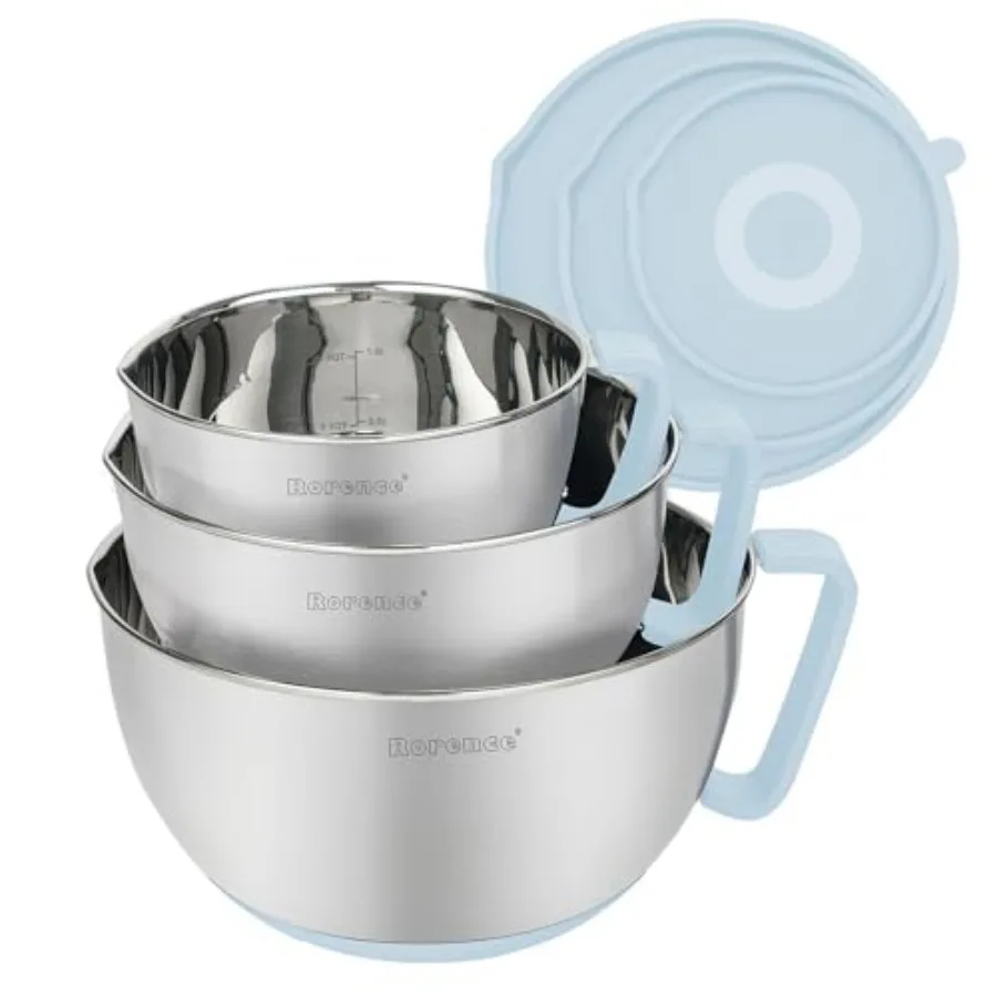 

Набор мисок для смешивания из нержавеющей стали: кухонные миски с нескользящим силиконовым дном, ручкой с носиком для слива и крышкой - набор из 3 штук