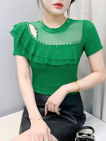 미국산 450g 헤비 코튼 반팔 티셔츠 남녀공용 단색 루즈핏 라운드넥 탑 이너웨어 반소매 8 섹시한 메쉬 반팔 티셔츠 여성 패션 여름 신상 슬림 레이스 트림 탑 한국 버전 밝은 실 스플라이스