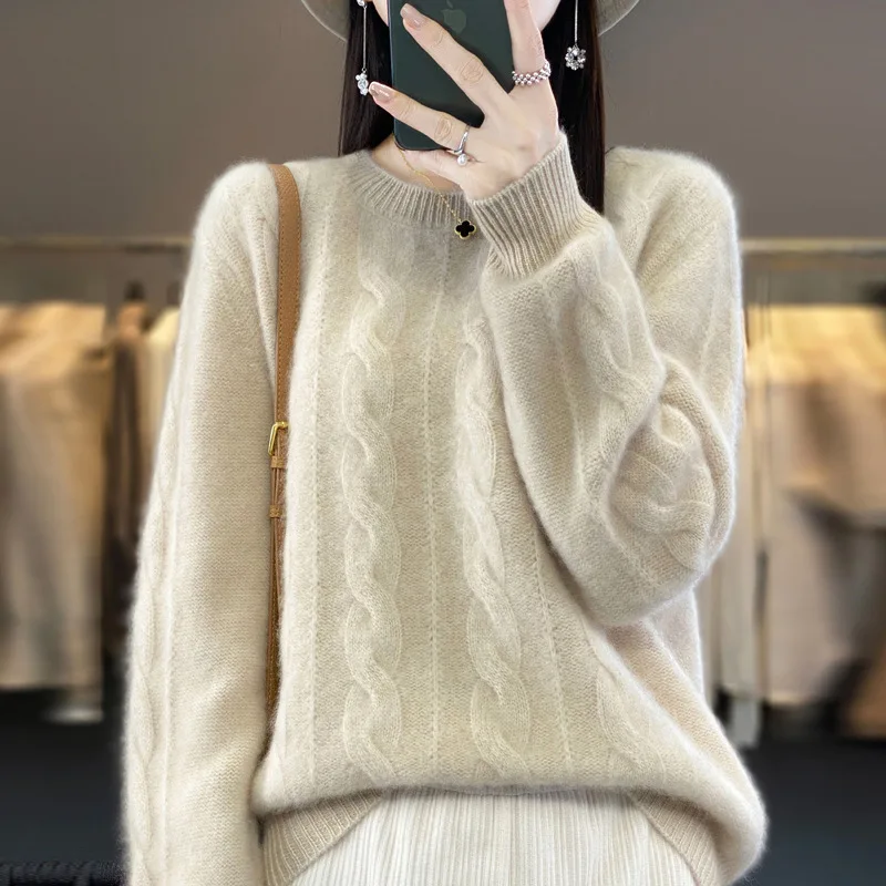 Jesień Zima Nowy Sweter z Czystej Wełny Damski All-match O-Neck Solid Color Twisted Pullover Sweater Cashmere Knitted Base Top Lady