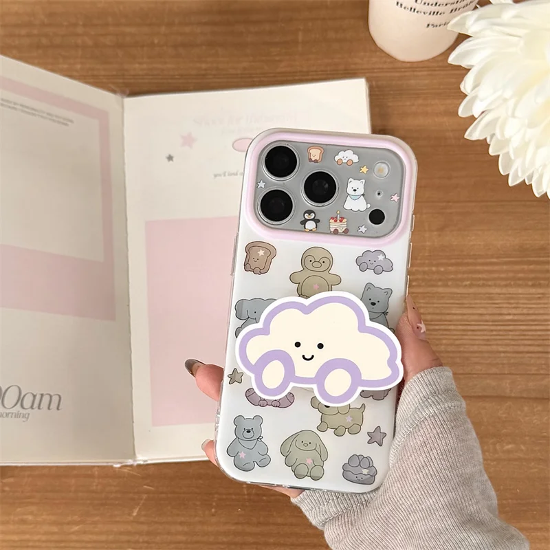 

Cute Cartoon Animal Cloud Grip Stand Phone Case Pink Frame Clear For iPhone 14 15 16 17 Pro Max Shockproof CoverGirls