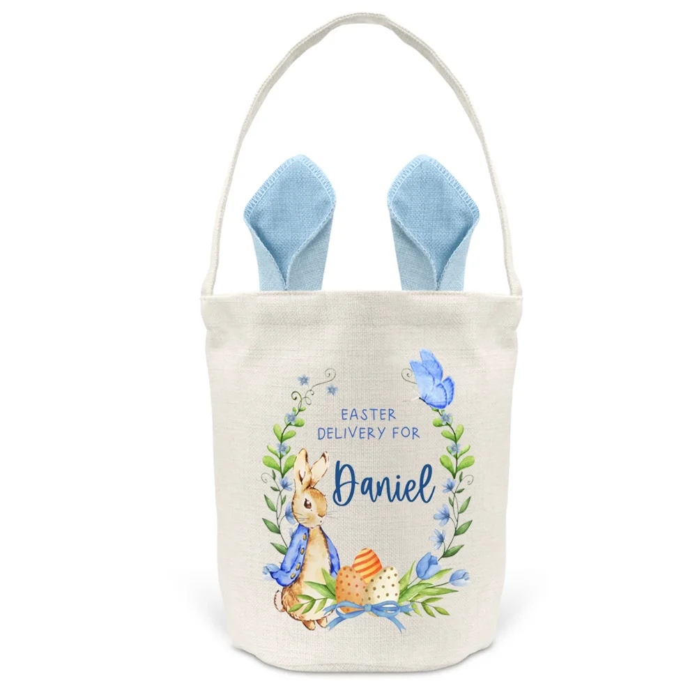 2025 Personalised Name Bunny Pink or Blue Rabbit Bag Easter Party Supplies Home Decor Egg Hunt Basket Kids Girls Boys Gifts Item