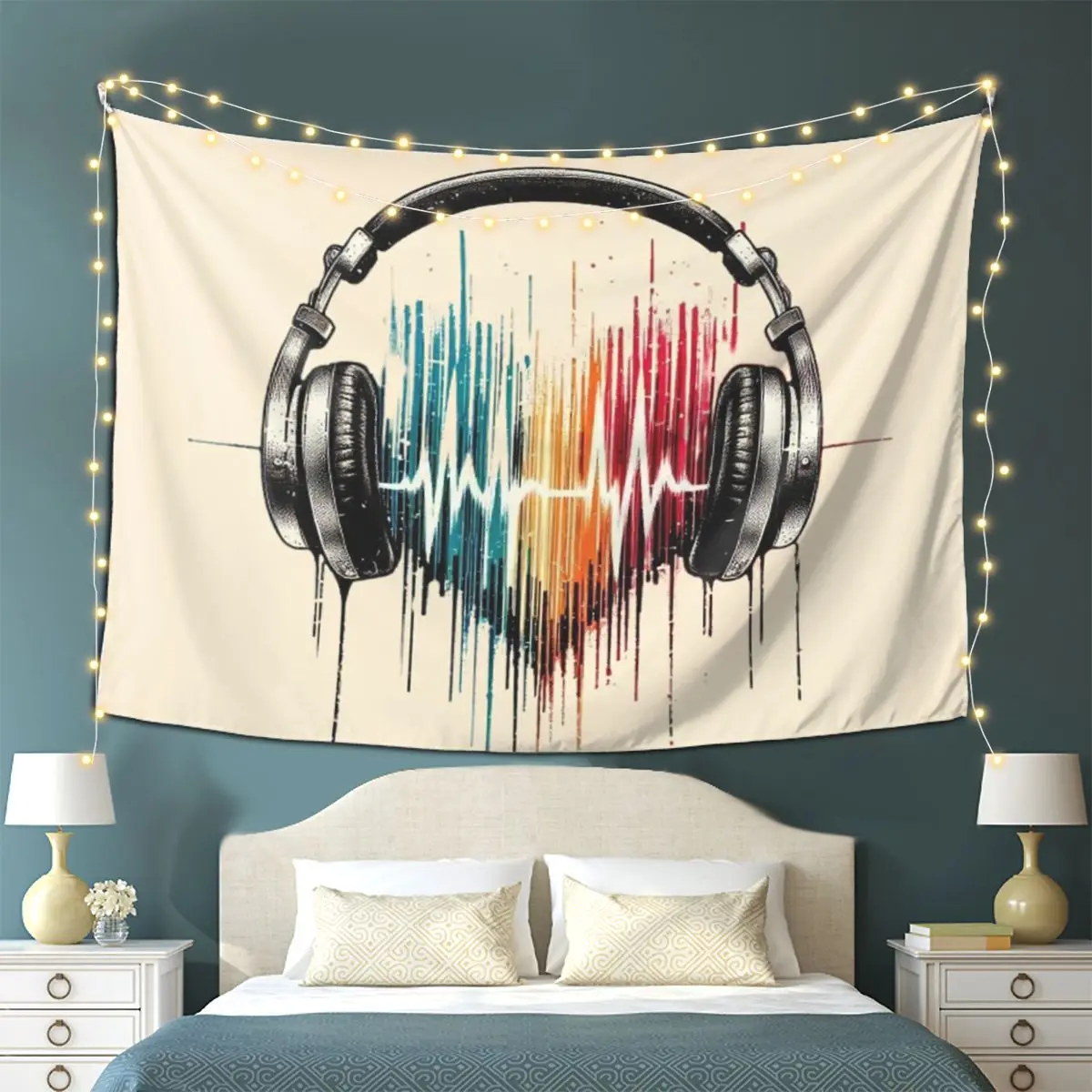 

Музыкальная нота в форме сердца с наушниками, гобелен, настенный, эстетический, украшение для дома, гобелены для гостиной, спальни