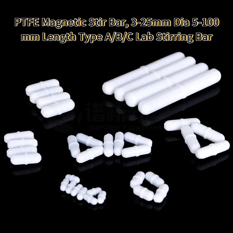 5-50pcs PTFE Magnetic Stir Bar, 3-25mm Dia 5-100mm Length Type A/B/C Lab Stirring Bar Biochemical Experiments