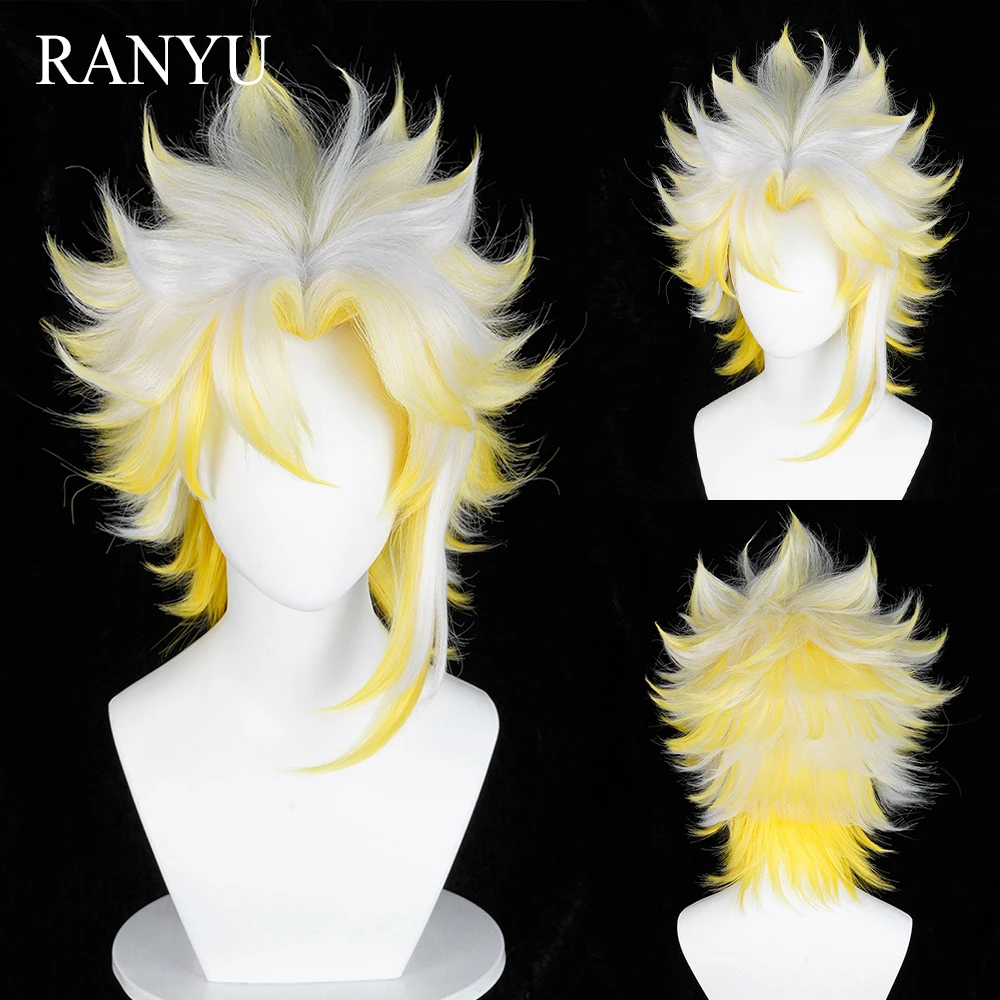 White Highlights Yellow Short Synthetic Wig Middle Part Anime Game Cosplay Fluffy Heat Resistant Wig for Daily Party