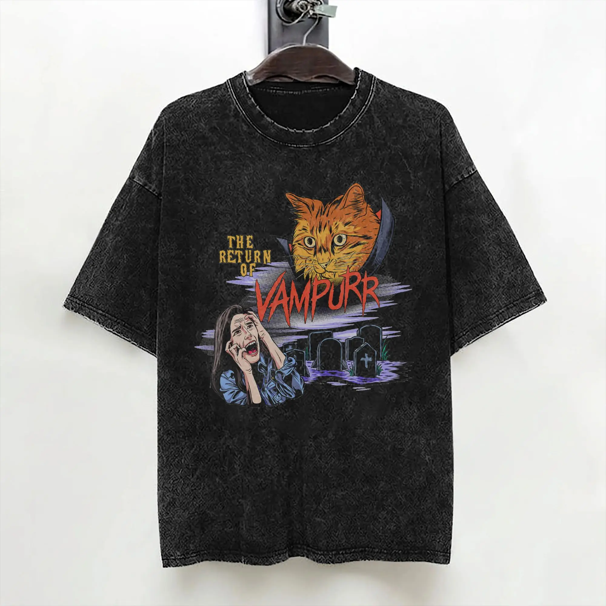 Return of The Vampurr  T Shirts Washed Short Sleeve Oversize T-Shirts Cute Cat Vintage Men Women Streetwear Graphic Printed Tees
