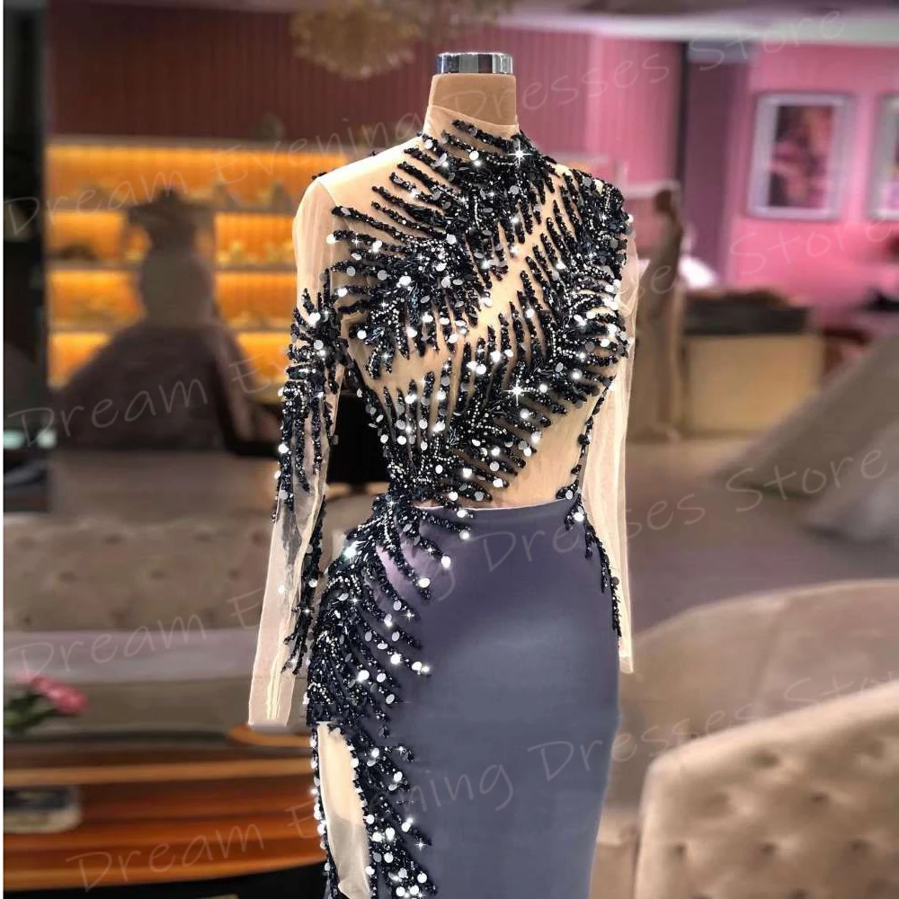 Vestidos de Noche clásicos de sirena para mujer, elegantes vestidos de graduación de cuello alto con cuentas, manga larga