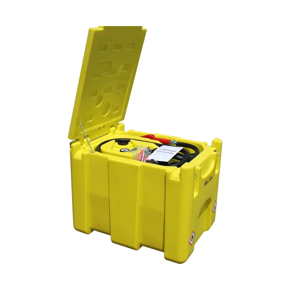 Portable fuel transfer tank with 12v electric pump, 53 gallon capacity, 13 GPM flow, PE diesel tank system, yellow