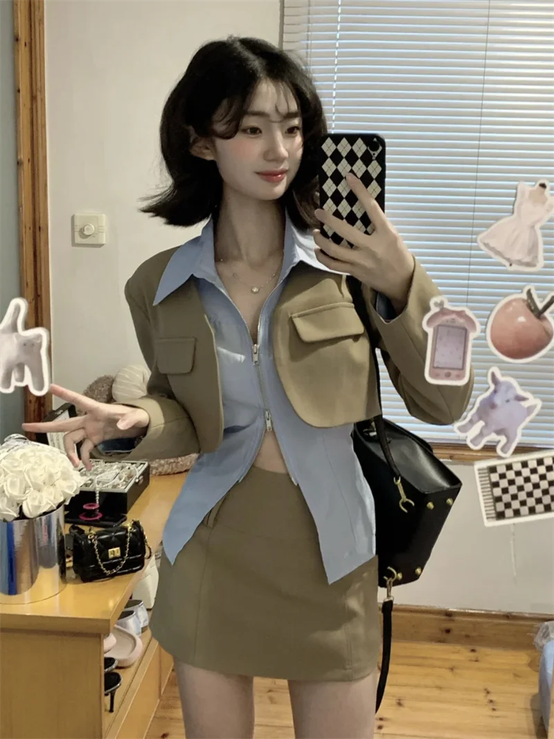 Autumn Elegant Retro New 3 Piece Set Women Pretty Solid Vintage Mini Skirt Suit Female Korean Fashion Slim Chic Sweet Suit 2024