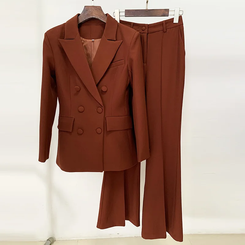 

Women Coffee Fashion Blazer Suits Sets 2 Pieces 2023 Double Button Slim Fit Jacket High Waist Long Flare Pants Business Pant Set