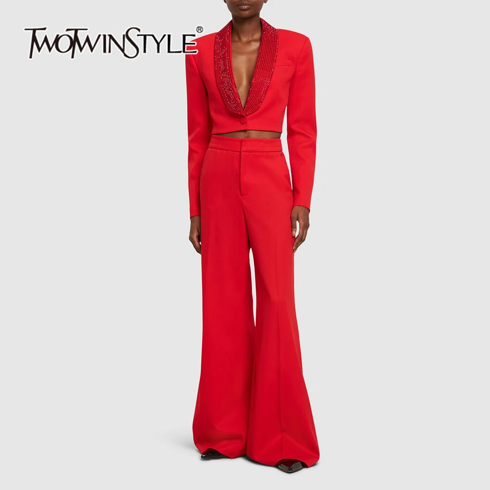 TWOTWINSTYLE Patchwork Diamonds Two Piece Set For Women Shawl Collar Long Sleeve Top High Waist Wide Leg Pant Formal Sets Female