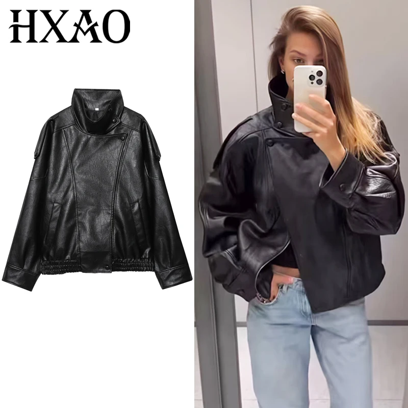 

HXAO Black Leather Jacket Women's Jackets Autumn Long Sleeve Button Zip Up Outerwears New In Coats & Jackets Motorcycle Jacket