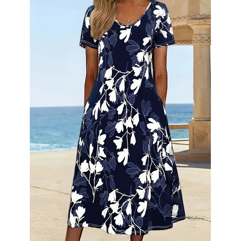 Spring Summer Women'S Fashion Floral Print Versatile Short Sleeve Dress Vacation Beach Outing Pocket Design Summer Dress