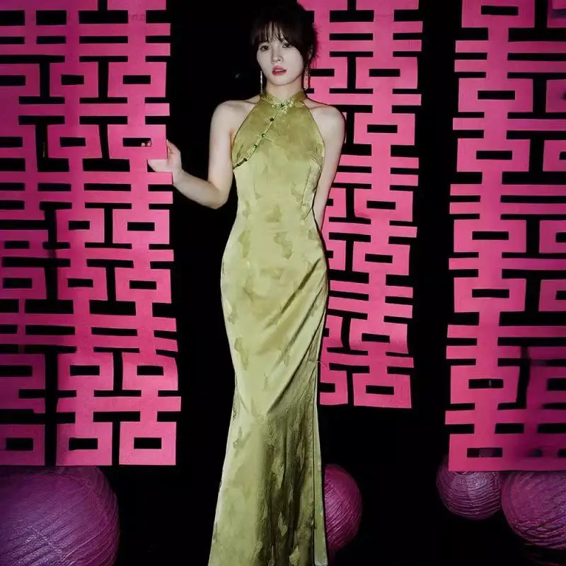 

Зеленое платье «рыбий хвост», сексуальное длинное платье Cheongsam без рукавов, новый свадебный утренний халат в китайском стиле, традиционное платье Ципао в стиле ретро