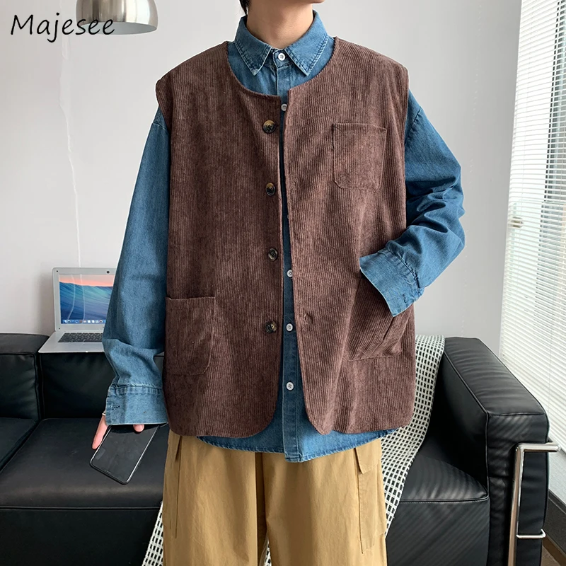 

Vests Men Corduroy Autumn Chic All-match Retro Fashion Casual Trendy Sleeveless Pockets New Arrival Leisure Streetwear Clothing