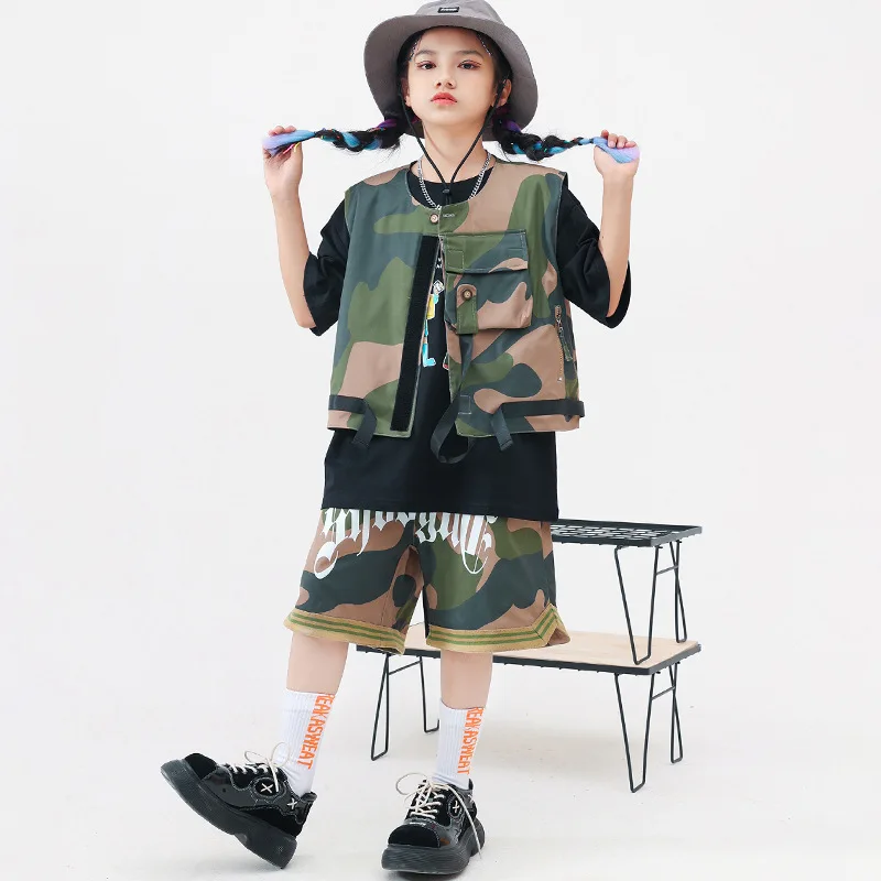 Kid Hip Hop Clothing Camo Tactical Sleeveless Jacket Vest top Casual Side Pockets Shorts for Girl Boy Jazz Dance Costume Clothes