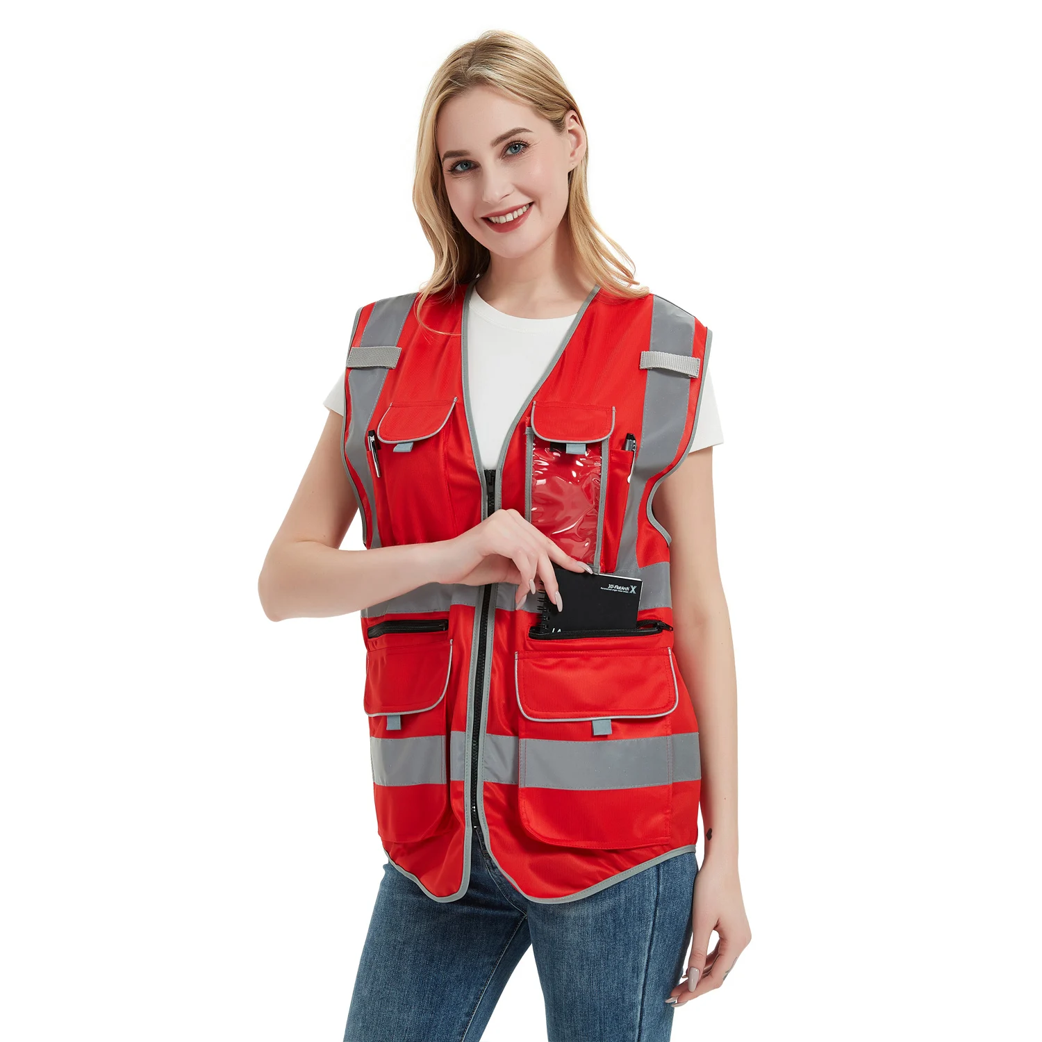 Gilet di sicurezza colore rosso gilet ad alta visibilità donna cerniera anteriore Multi tasche gilet da lavoro uniforme