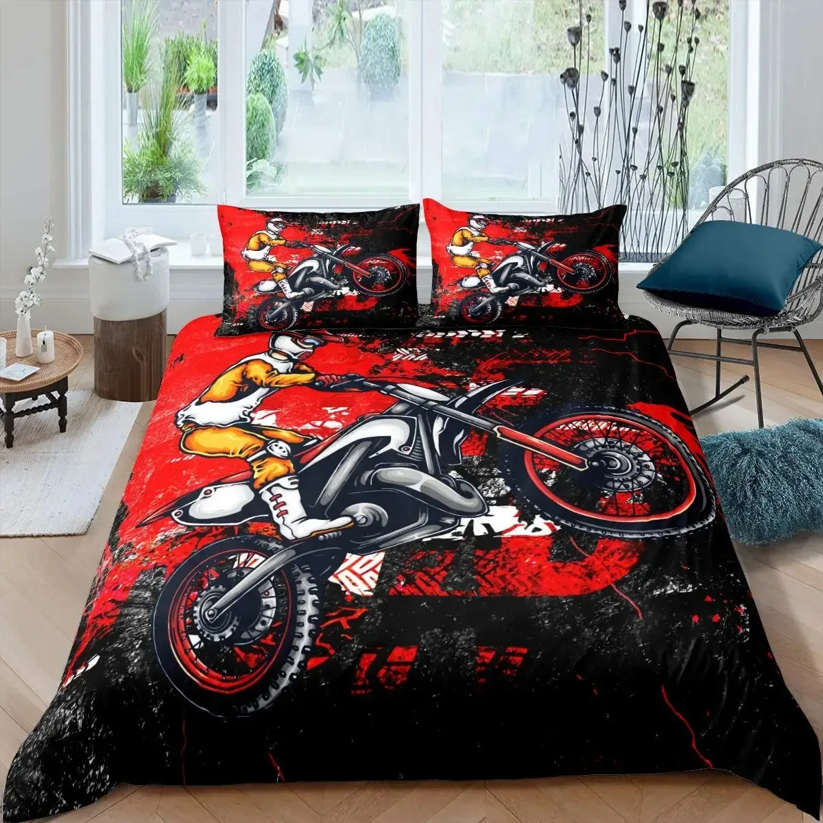 

3D Motocross Rider Duvet Cover Set Microfiber Red Black Dirt Bike Extreme Sports Theme Motorcycle Pattern Bedding Set King Size