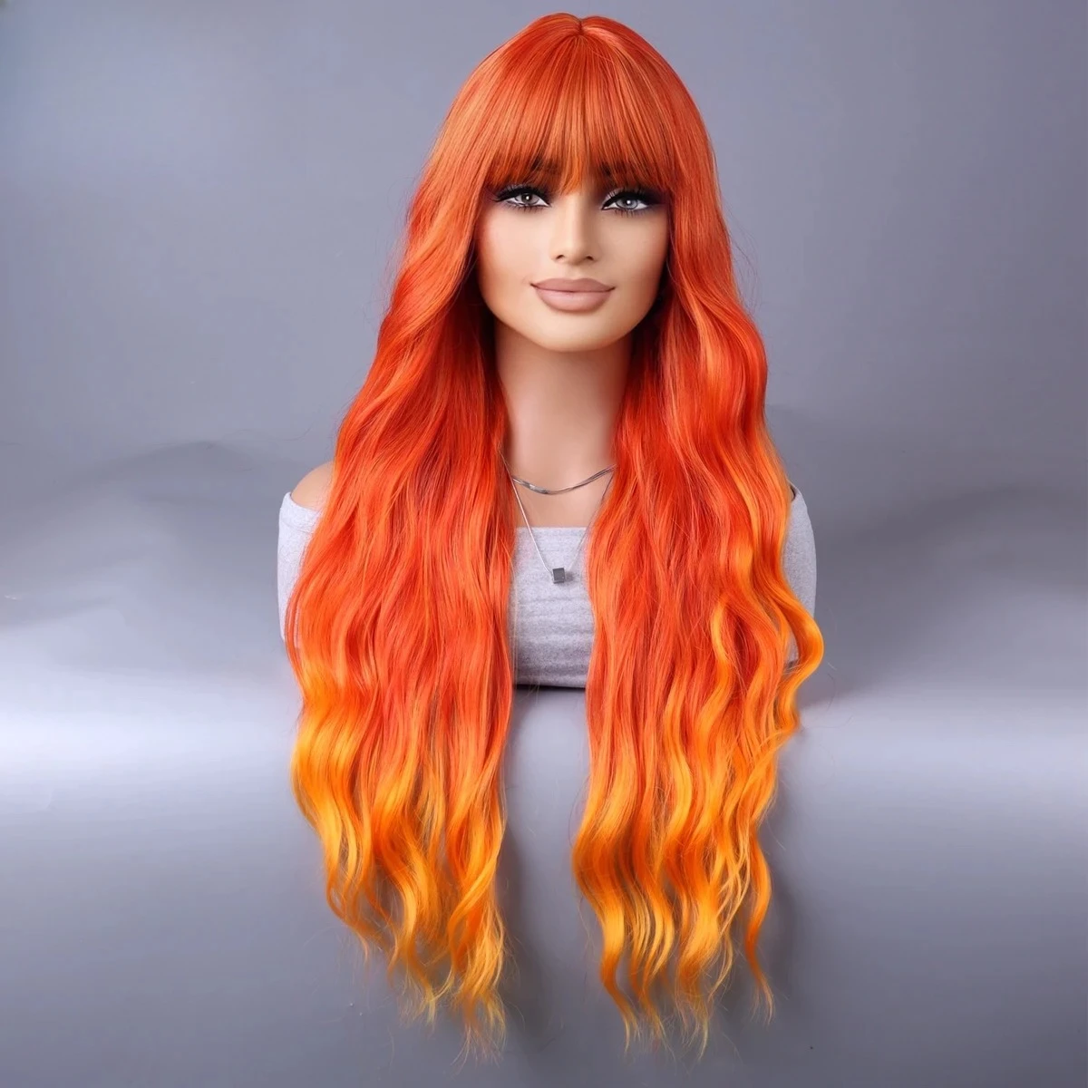 

Red Wigs with Bangs Long Wavy Wig for Women Ombre Red Wigs with Bangs Synthetic Heat Resistant Fiber Wigs for Daily 28 Inch