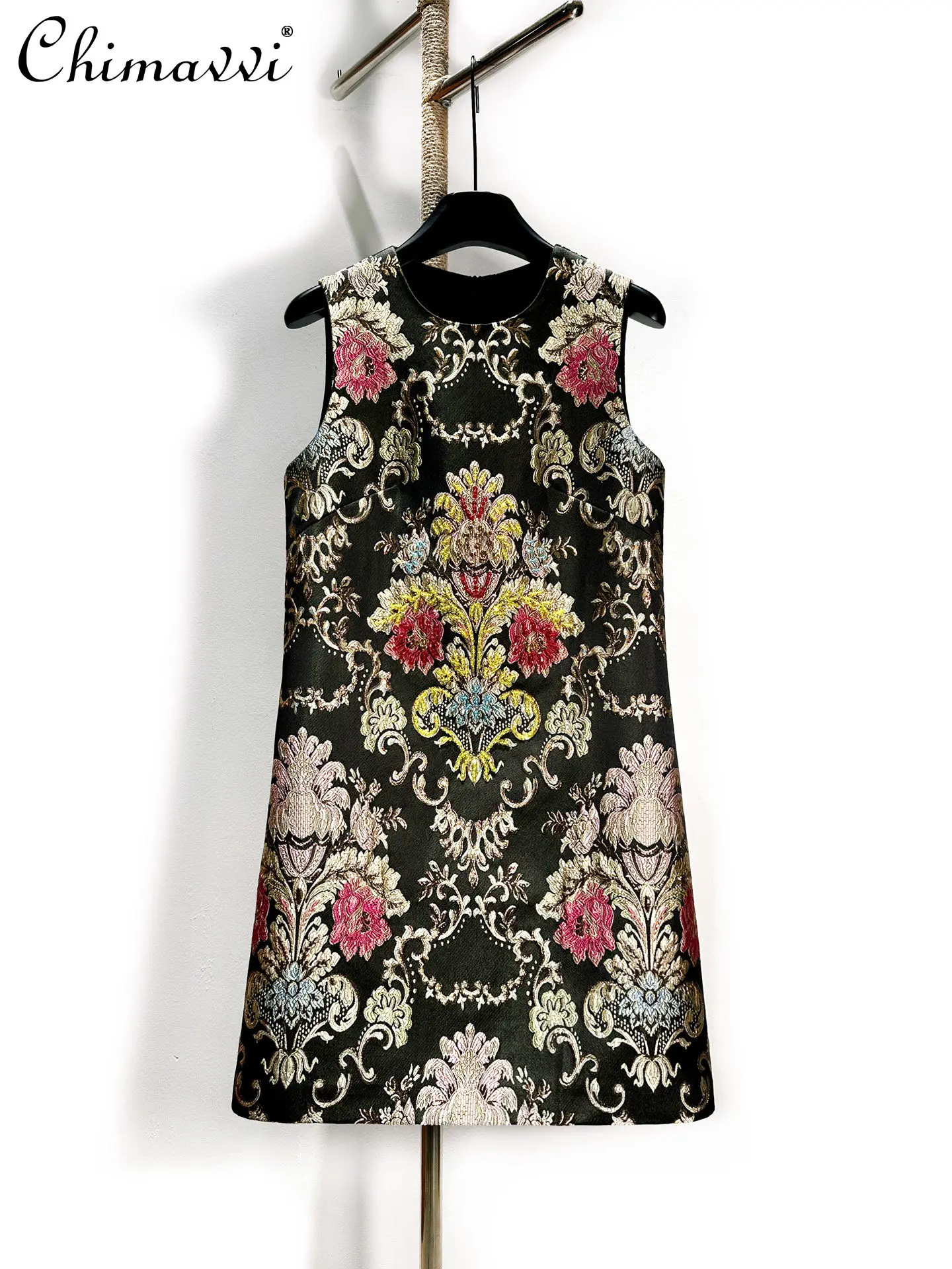 

French Vintage Luxury Heavy Beaded Jacquard A-line Sleeveless Dress 2026 New Fashion Retro Elegant Short Dress for Women