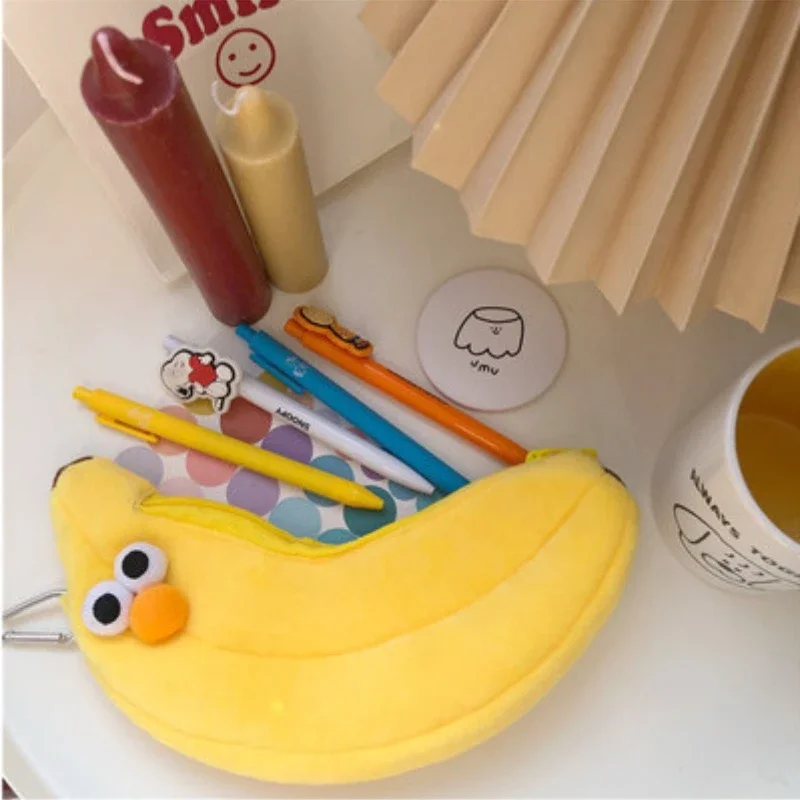 Kawaii Banana Drumstick Pencil Case Bag for Girls Cute Plush Pen Pouch Box Large Capacity Student School Supplies Stationery