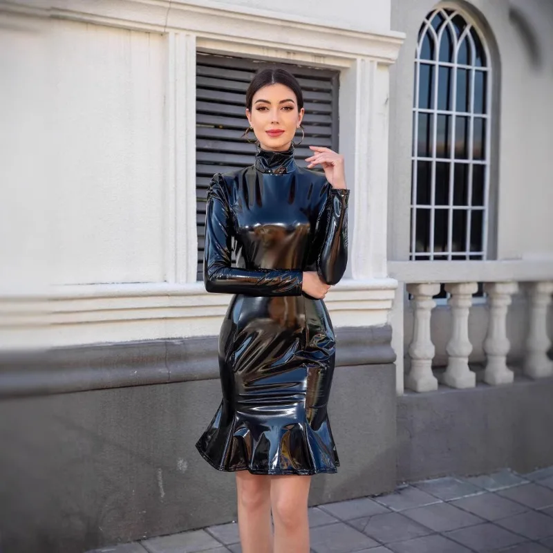 

Anime Witch Cosplay Costume PU Black Dress Shiny Faux Leather Fishtail Dresses Slim Long Sleeve Skirt for Women Halloween Party