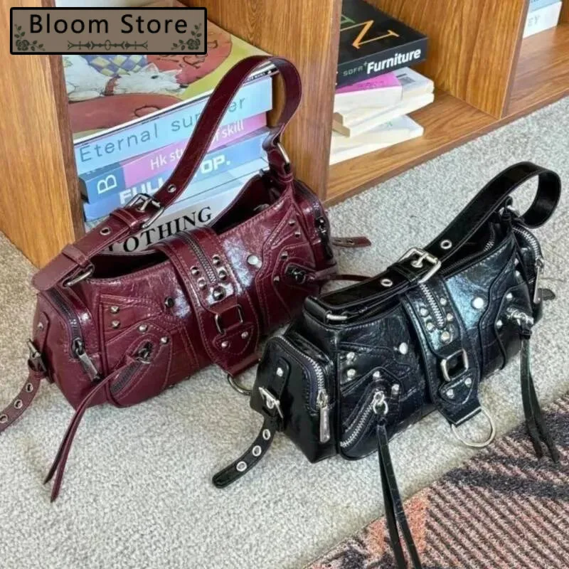 

Bloom Vintage Black Y2k Shoulder Bags Women Sweet Cool Hot Girls Rivet Pu Leather Handbag Ladies Moto Biker Underarm Bag Chic
