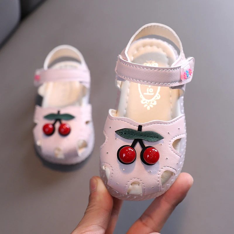 Red Cherry Sandals Princess Girl Flat Shoes Summer Hollow Breathable Crib Shoes Foot Length 12.5-13.5cm Kids Soft Soled Shoe