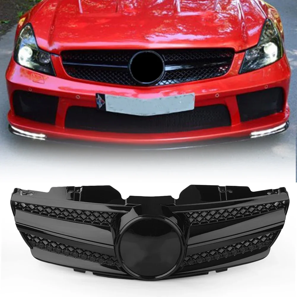 Car Front Grill 1 Fin AMG Upper Grille For Mercedes Benz R230 SL-Class SL500 SL600 SL55 AMG 2003 2004 2005 2006 2007 Gloss Black