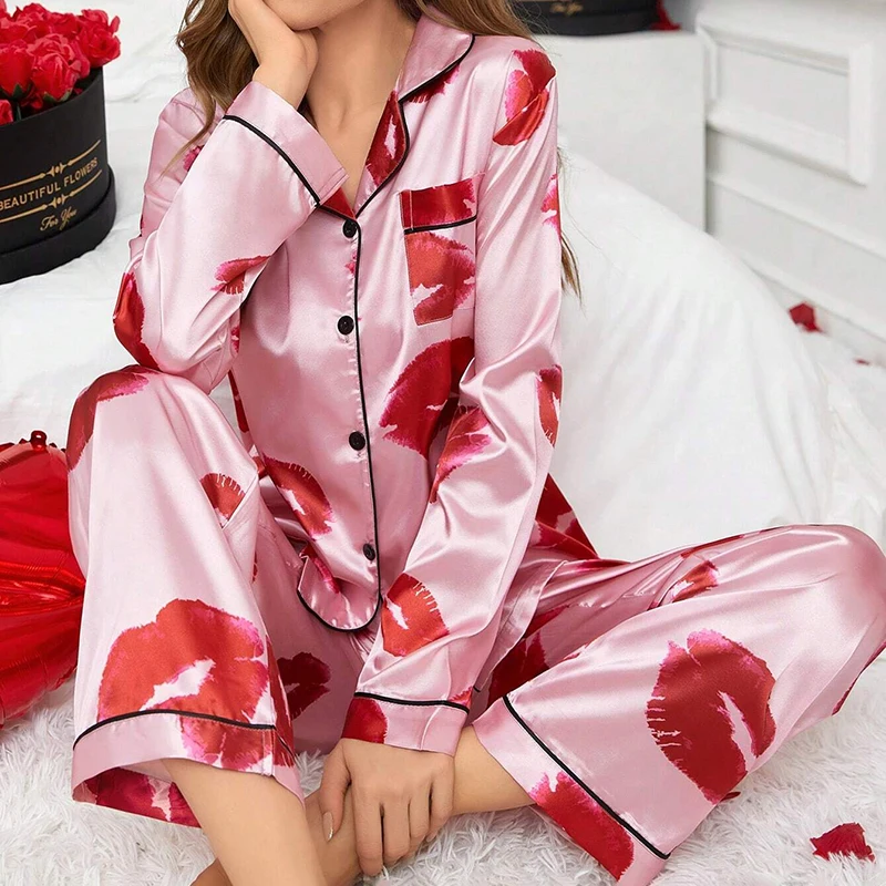 

Women's Red Lips Print Silk Pajama Set Long-Sleeve Lapel Chest Pocket Top And Long Pants Breathable Fabric Cozy Sleepwear Pjs