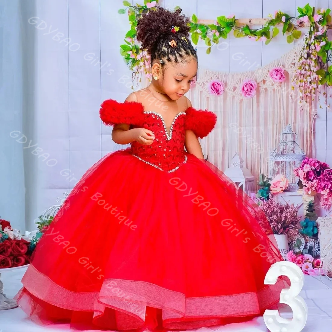 Vestido de cumpleaños personalizado para niños, vestido de niña de flores de tul escalonado con mangas abullonadas para boda, vestido de desfile de princesa con cuello transparente