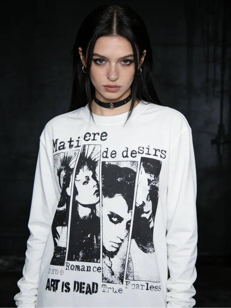 T-shirt Gothic fashion item personalized design loose men's and women's graffiti clothing spring top printed long-sleeved