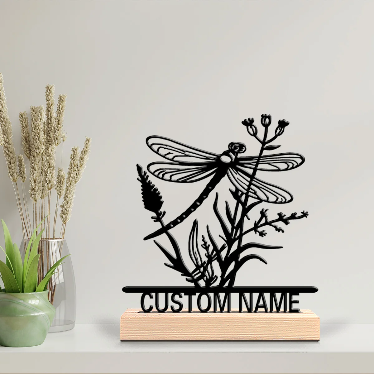 1pc Modern Dragonfly Personalized Letter Tin Statue Metal Ornaments With Wood Base Tin Ornament With Wood Base For Girl Gifts