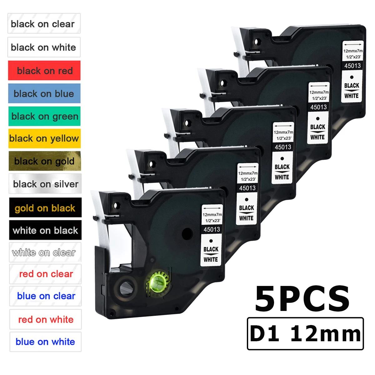 5 Stück kompatible Dymo D1 12 mm Bänder 45010 45013 45018 45023 45024 45021 für Dymo Labelmanager LM160 210D LM280 420P