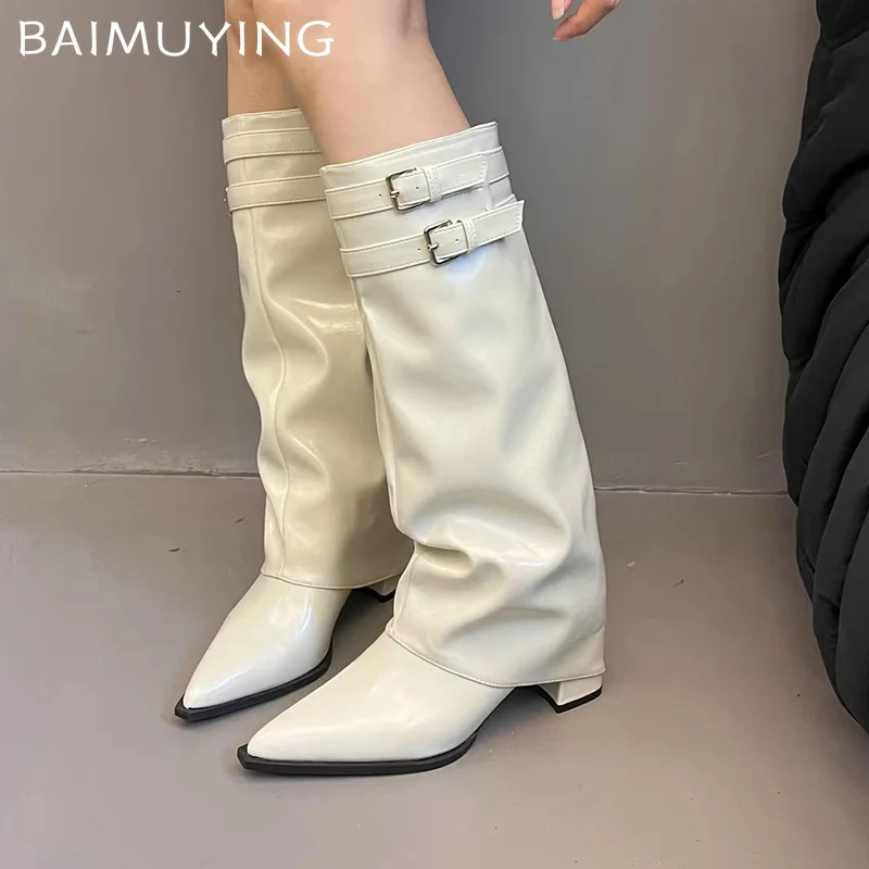 Pointed Toe Women High Boots Sexy Chunky Mid Heels Knee High Shoes 2025 Trend Winter Designer Pumps Goth Motorcycle Botas Mujer