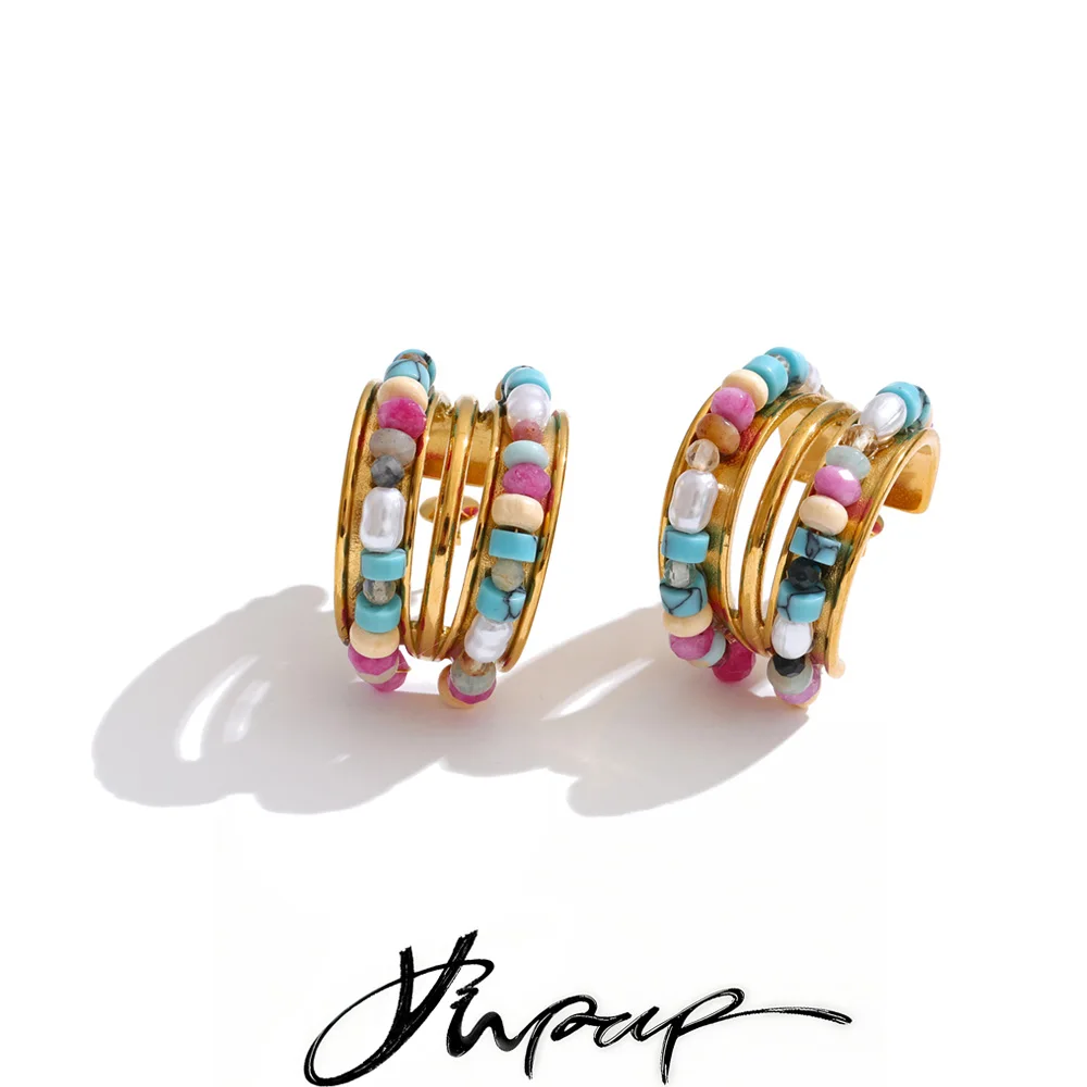 Yhpup Colorful Crystal Stone Pearl C Shape Huggie Earrings 18K Gold Color PVD Plated Stainless Steel Stylish Chic Jewelry