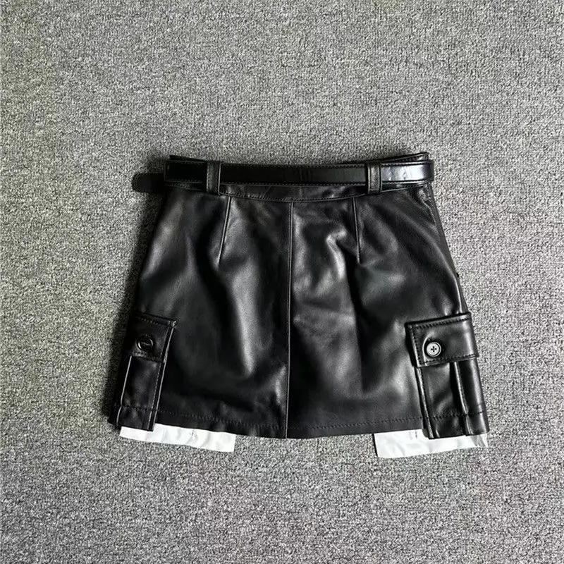 2023 New Autumn Winter Genuine Leather Skirts for Women Fashion Black High Waist A-line Skirt Sheepskin Mini Skirt Mujer Y4177